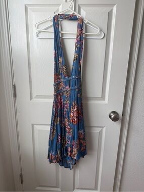 Blue Sky Teal Floral Halter Mini Dress